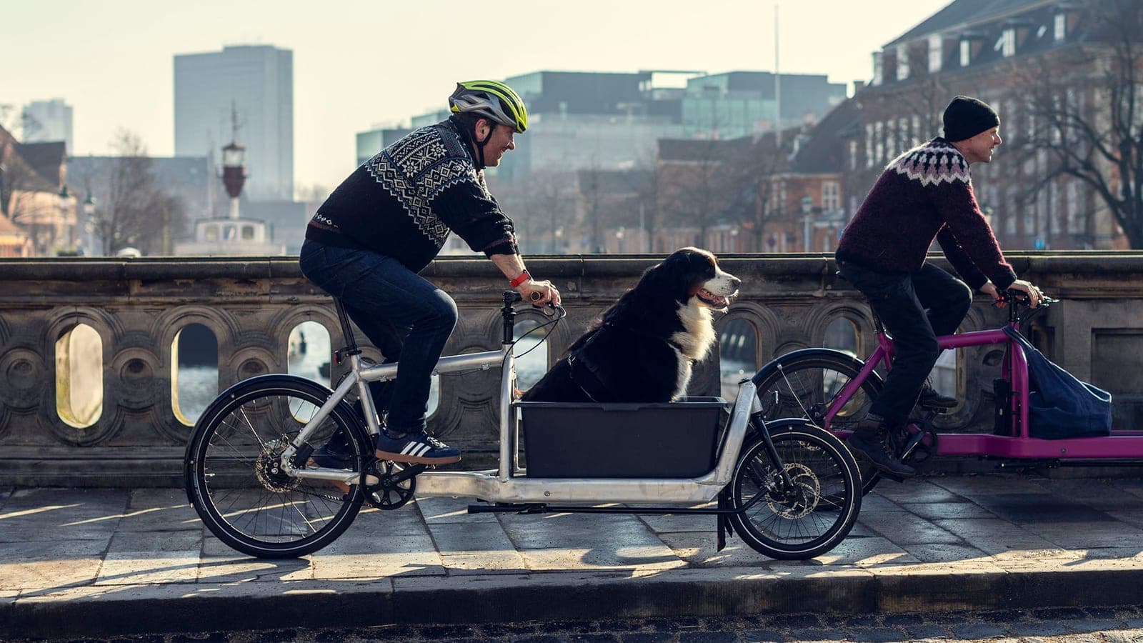 Original Bullitt cu ladă și câine, pe stradă în Copenhaga